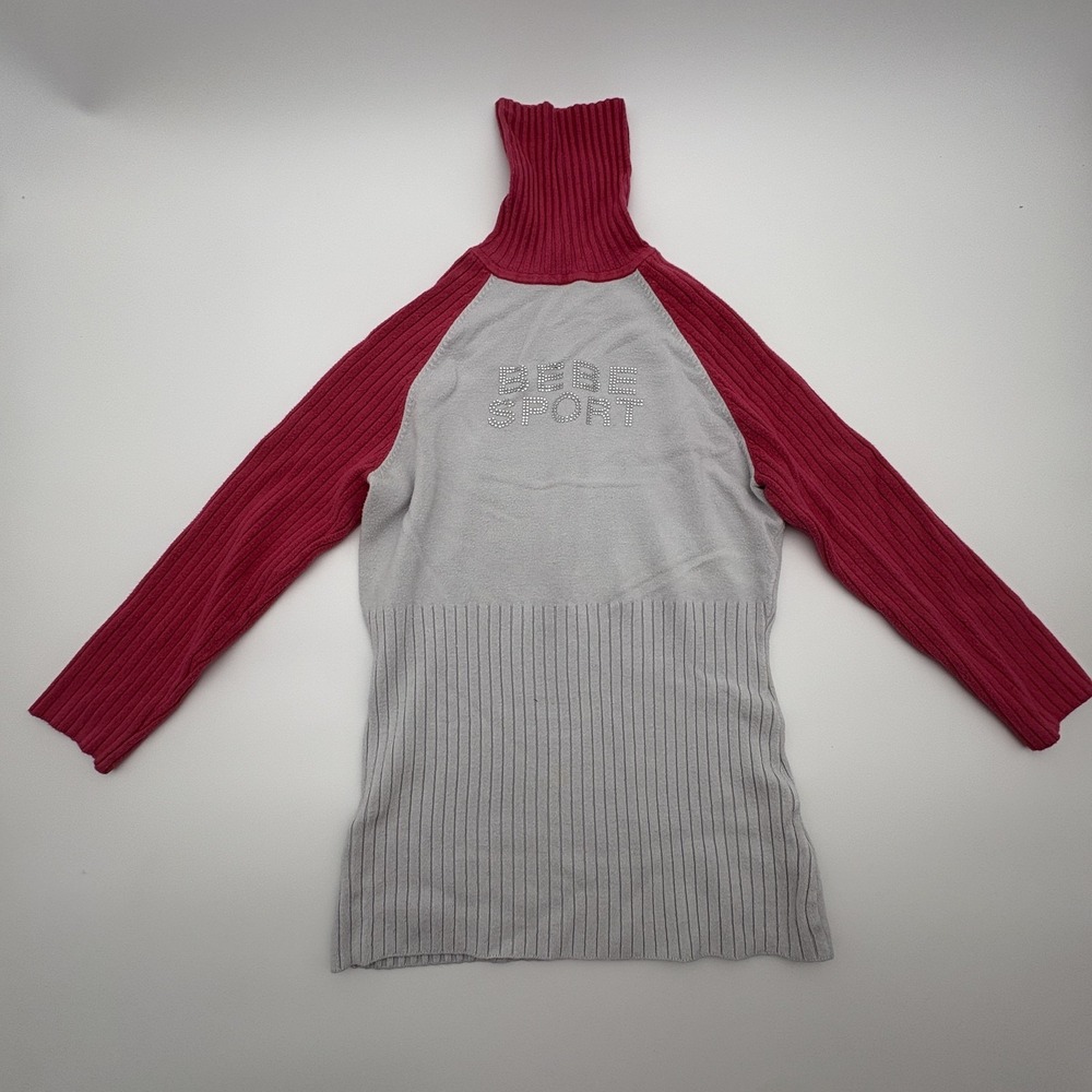 Bebe Sport‎ Sweater Womens Large Gray Pink Turtleneck Raglan Rhinestone Logo